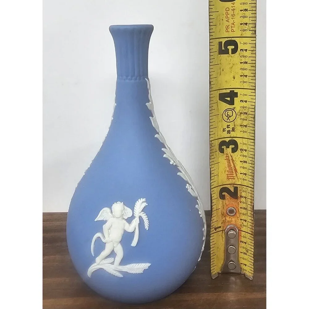 Vintage Wedgwood Blue Jasperware Bud Vase Cherubs 5.25